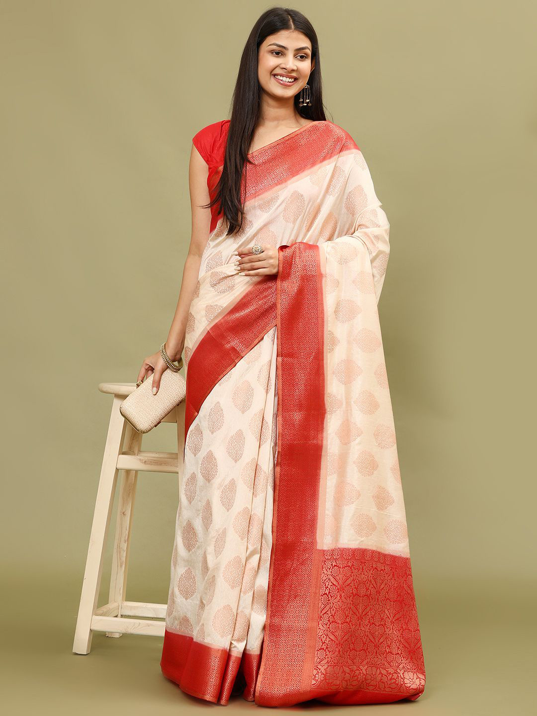

Meena Bazaar Ethnic Motifs Woven Art Silk Saree, Beige