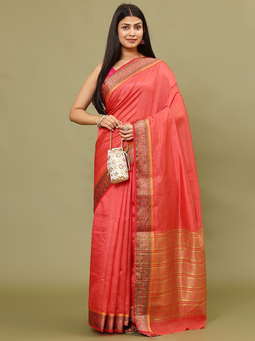 

Meena Bazaar Zari Art Silk Saree, Peach