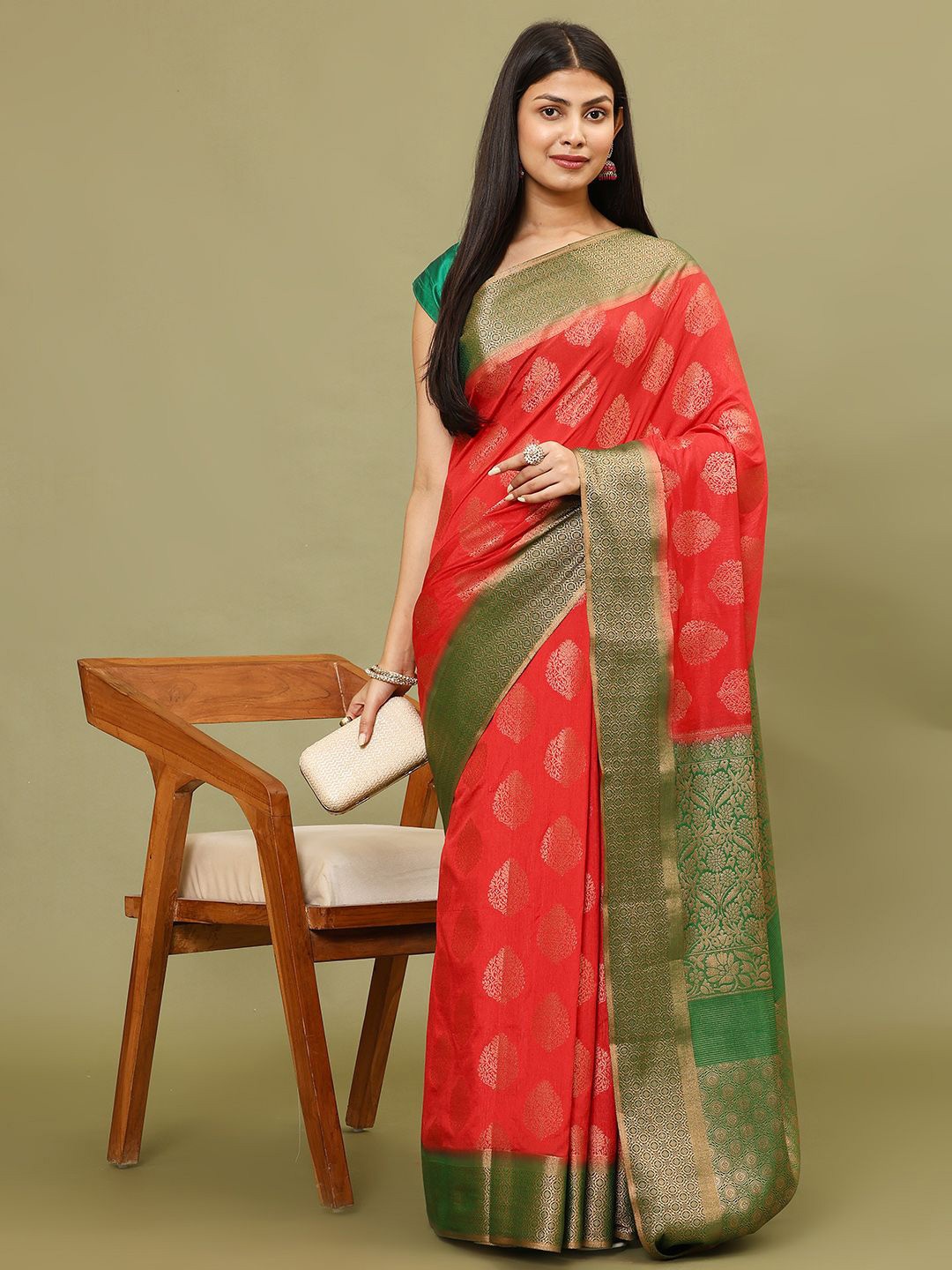 

Meena Bazaar Ethnic Motifs Woven Art Silk Saree, Red