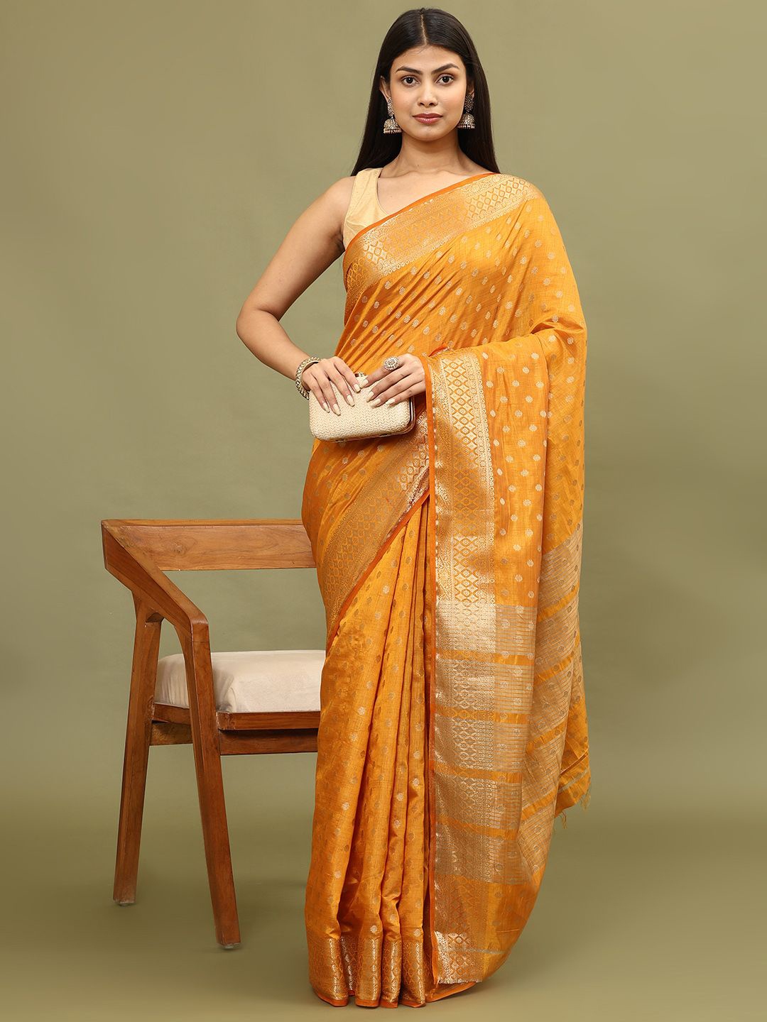 

Meena Bazaar Geometric Woven Art Silk Saree, Mustard