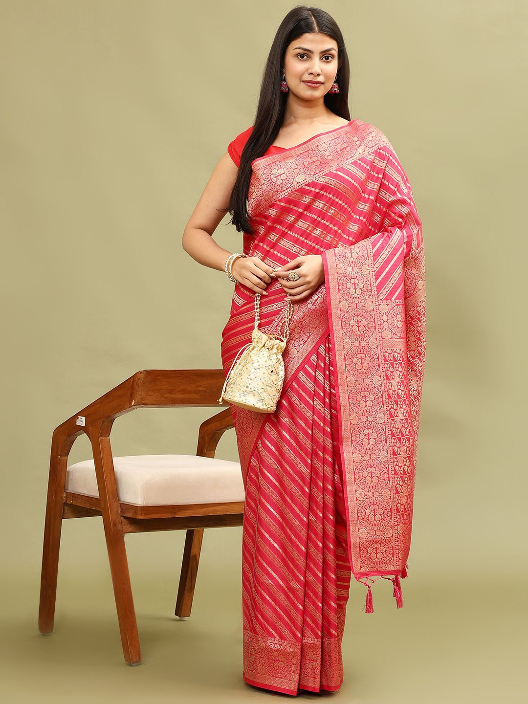

Meena Bazaar Stripes Woven Design Art Silk Saree, Pink