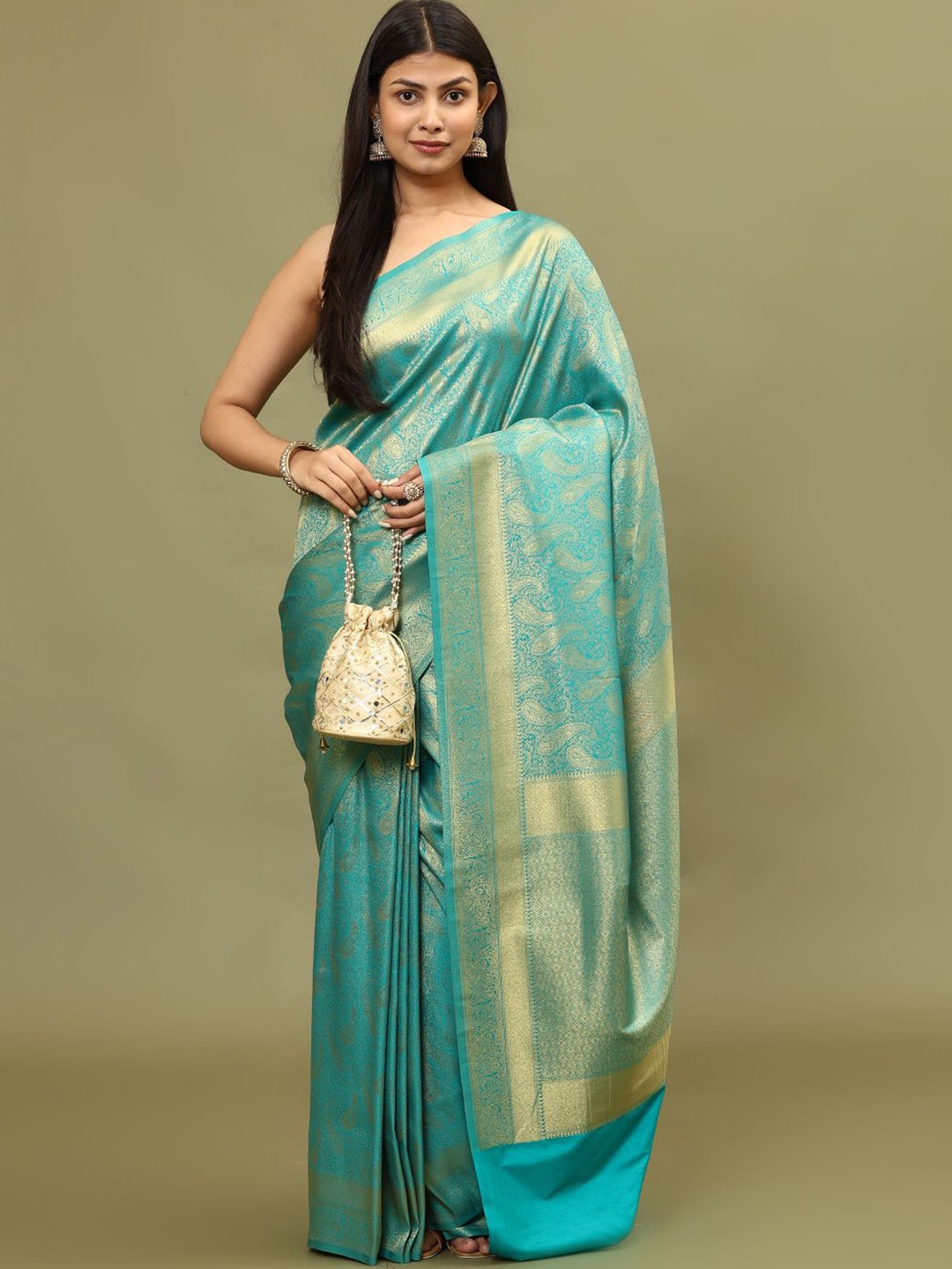 

Meena Bazaar Ethnic Motifs Woven Art Silk Saree, Blue