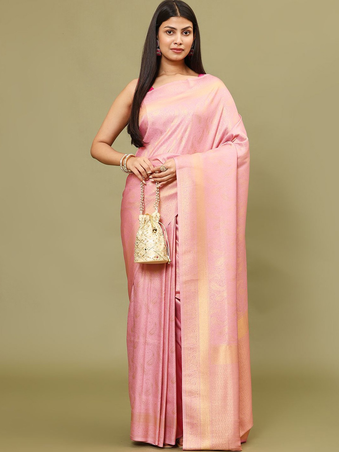 

Meena Bazaar Woven Design Zari Art Silk Saree, Pink