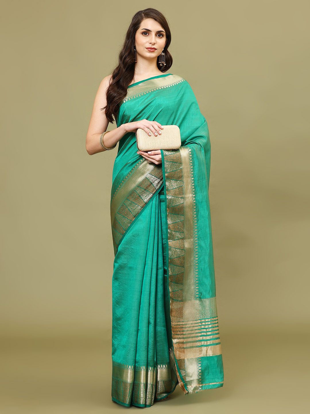 

Meena Bazaar Plain Woven Border Art Silk Saree, Green