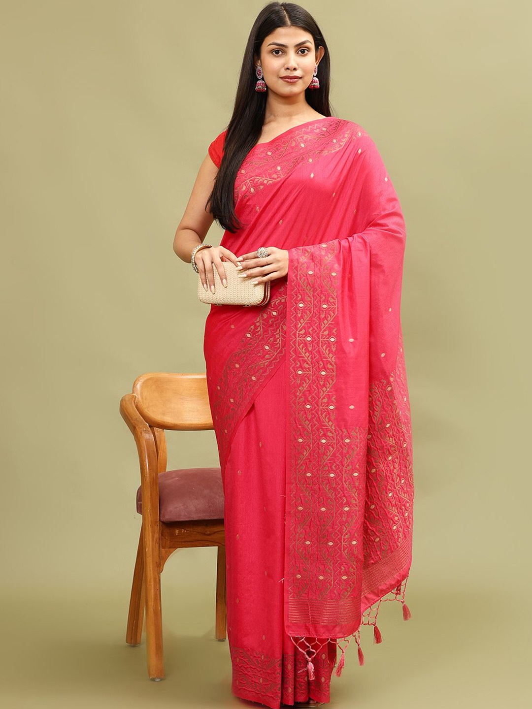 

Meena Bazaar Ethnic Motifs Woven Art Silk Saree, Pink