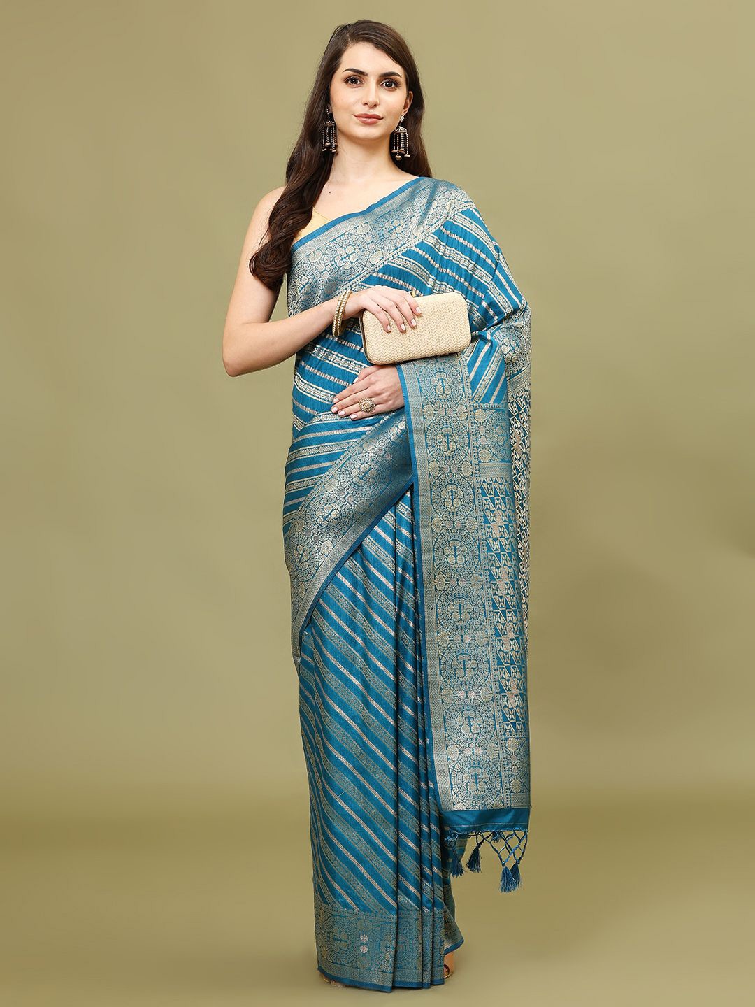 

Meena Bazaar Stripes Woven Design Art Silk Saree, Blue