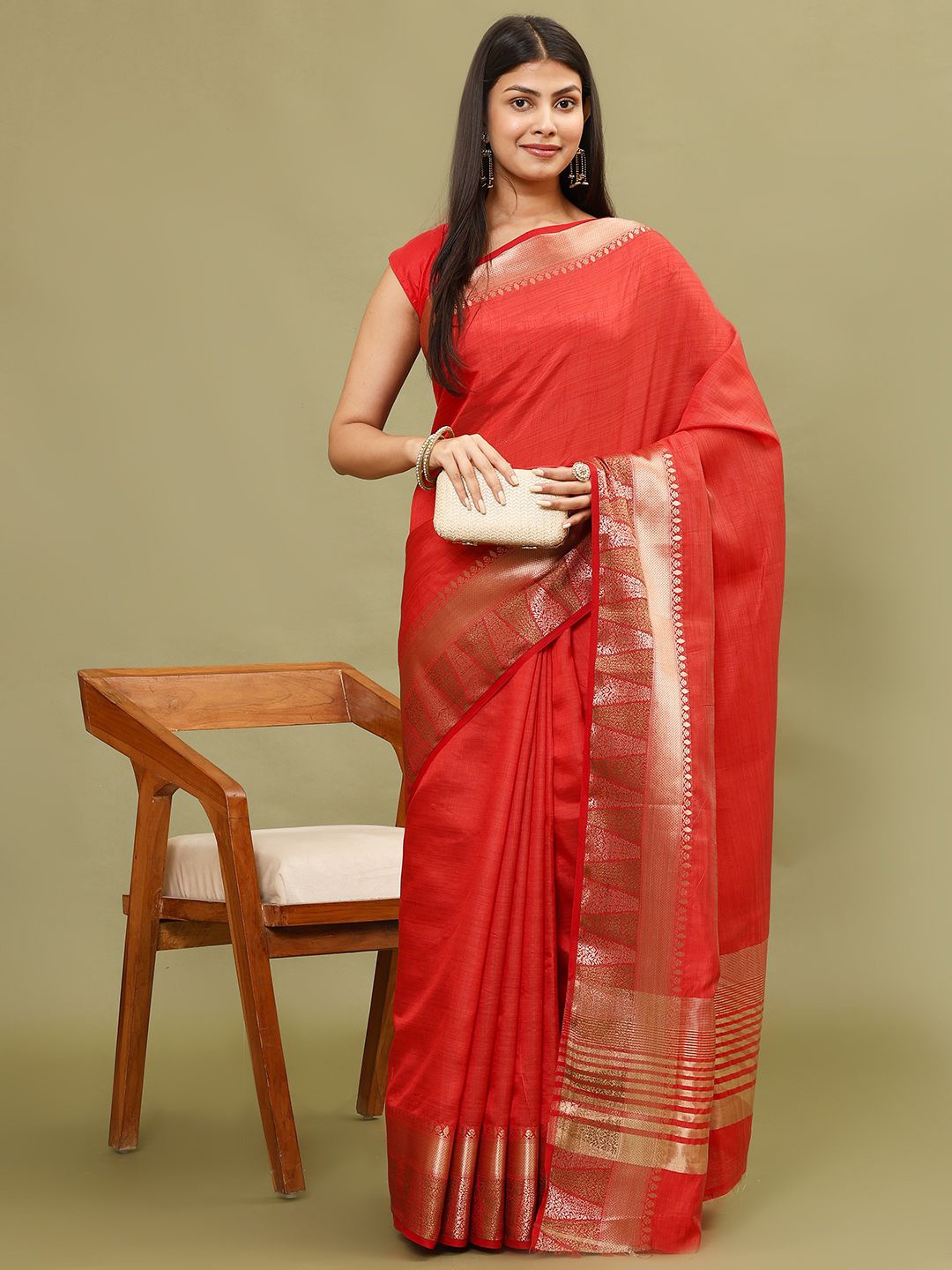 

Meena Bazaar Plain Woven Border Art Silk Saree, Red