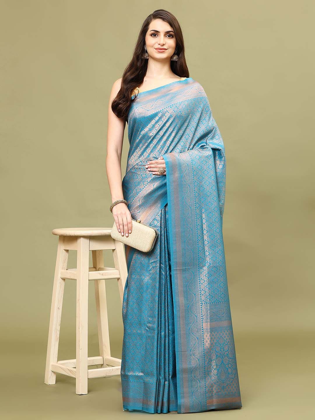 

Meena Bazaar Ethnic Motifs Zari Art Silk Saree, Blue
