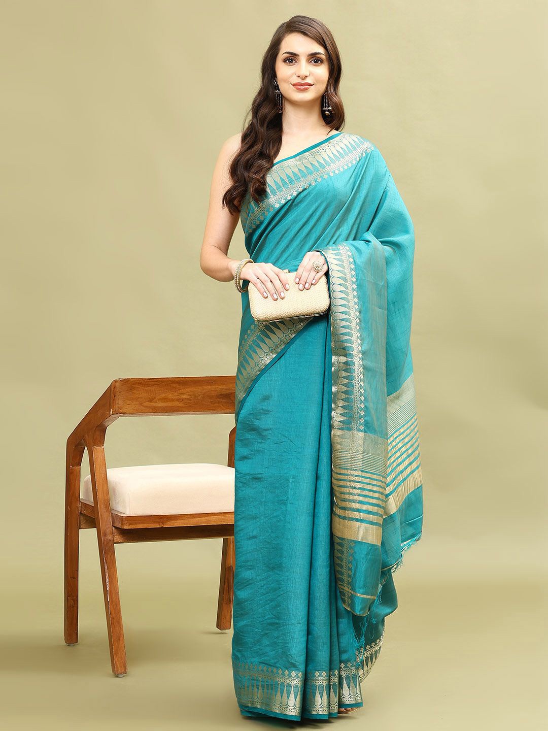 

Meena Bazaar Plain Woven Border Art Silk Saree, Blue