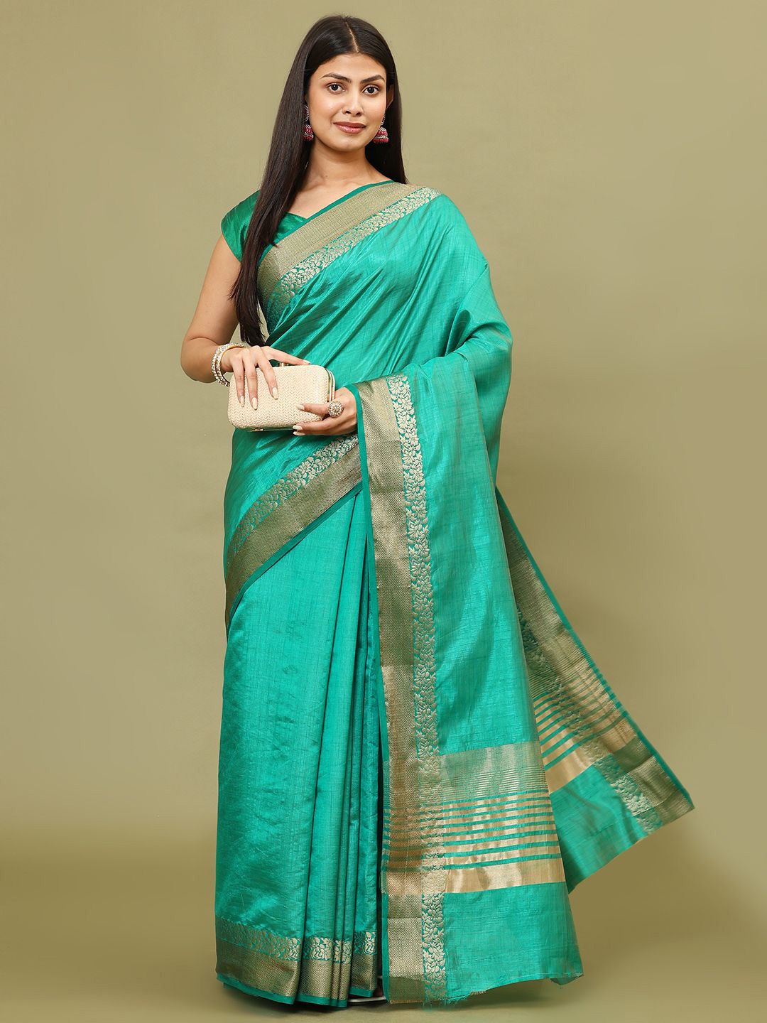 

Meena Bazaar Plain Woven Border Art Silk Saree, Green