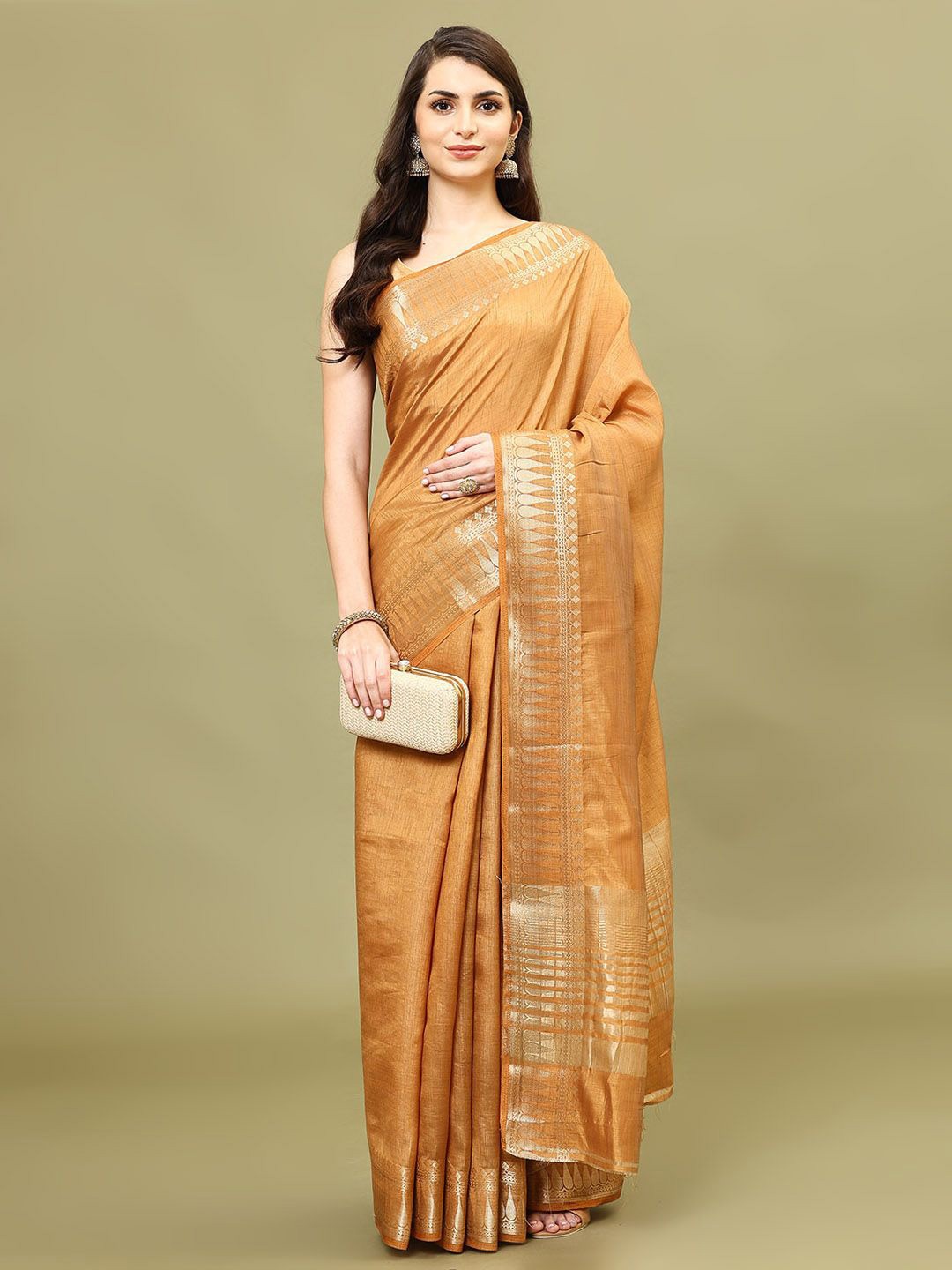 

Meena Bazaar Plain Woven Border Art Silk Saree, Mustard