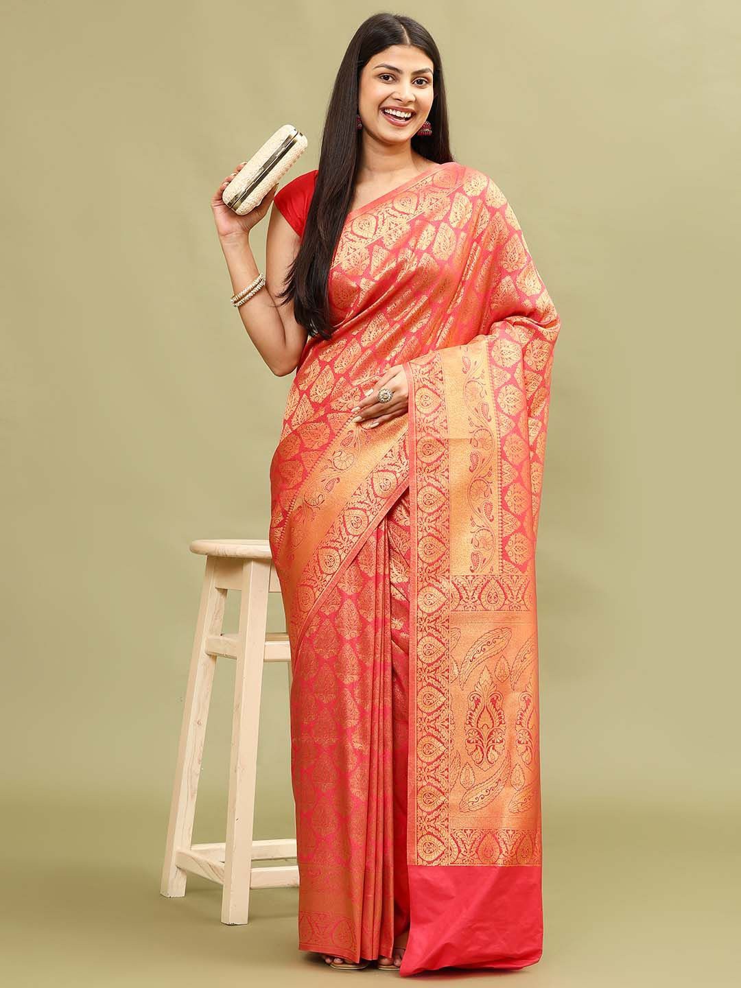 

Meena Bazaar Ethnic Motifs Zari Art Silk Saree, Pink