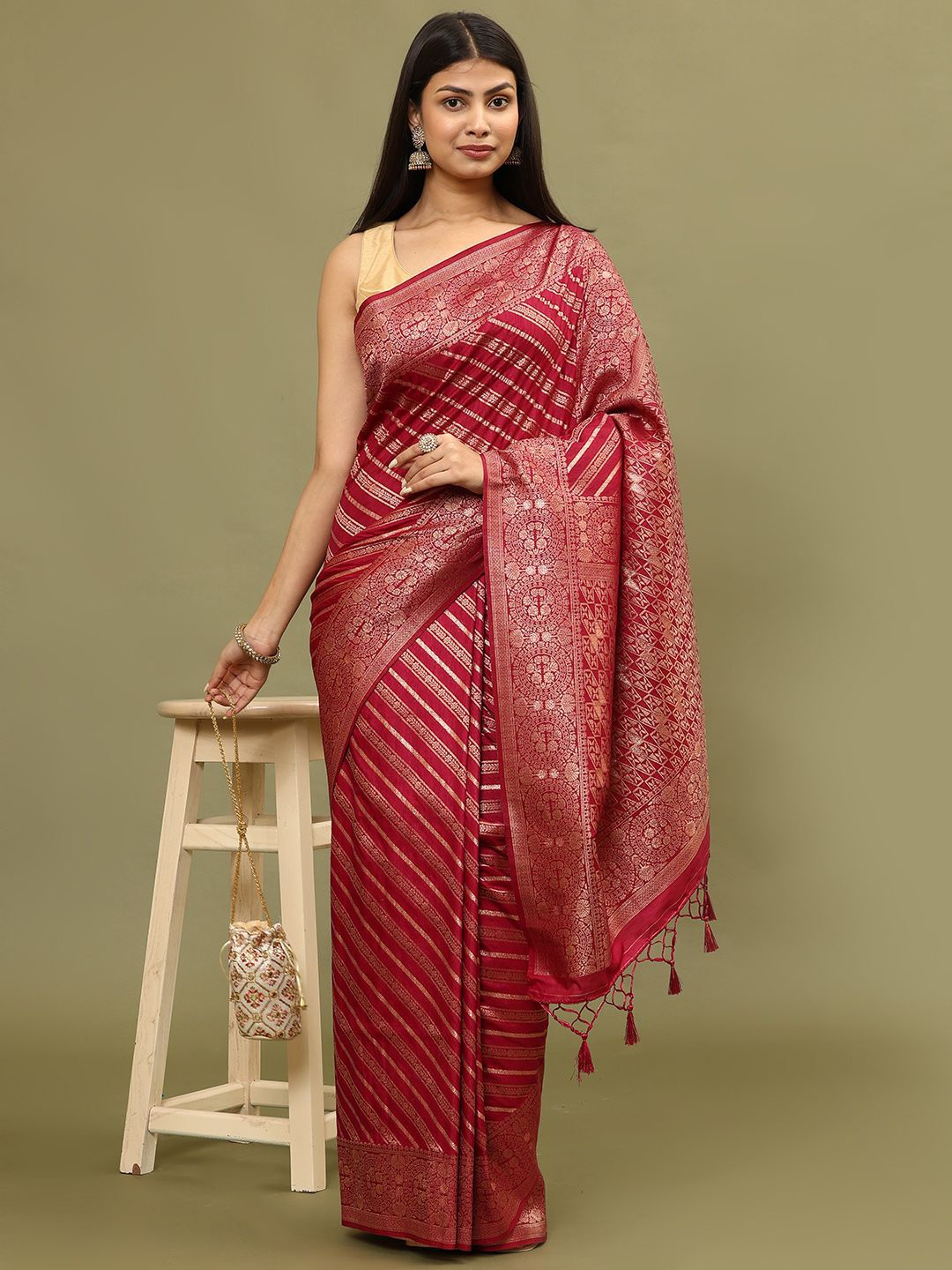 

Meena Bazaar Stripes Woven Design Art Silk Saree, Magenta