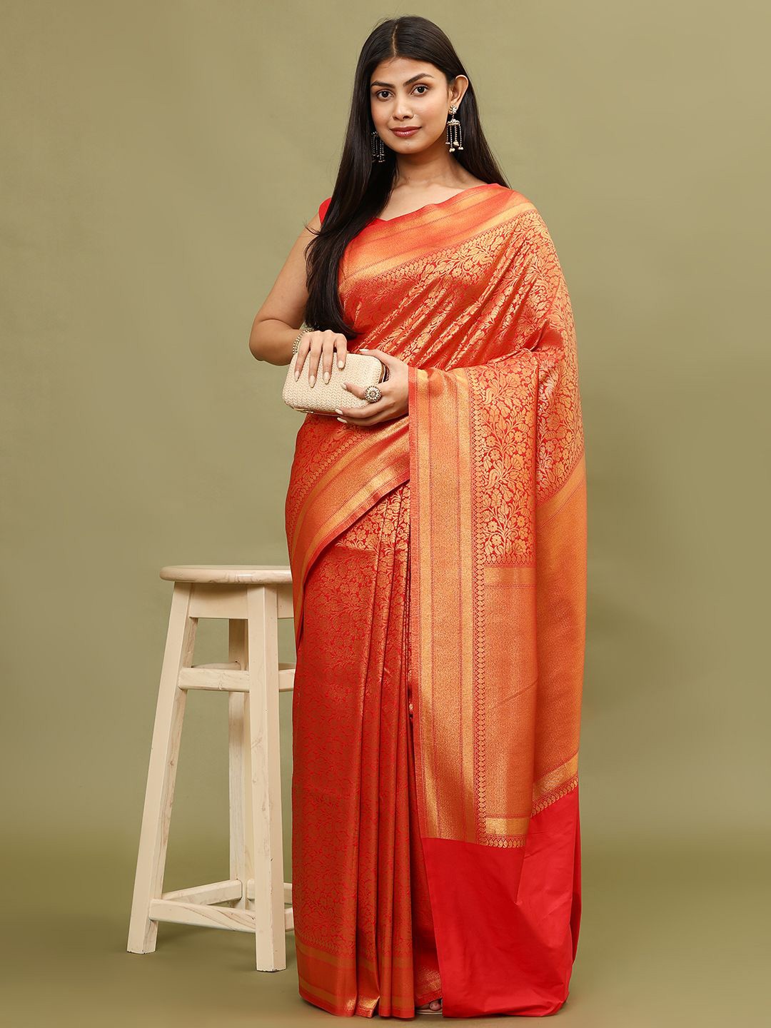 

Meena Bazaar Ethnic Motifs Woven Art Silk Saree, Red