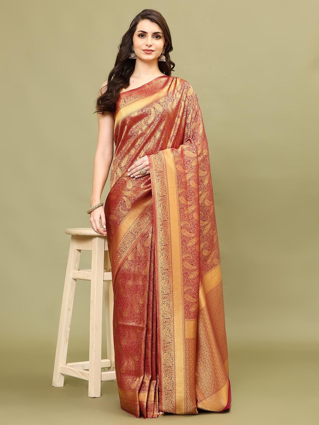 

Meena Bazaar Woven Design Zari Art Silk Saree, Burgundy