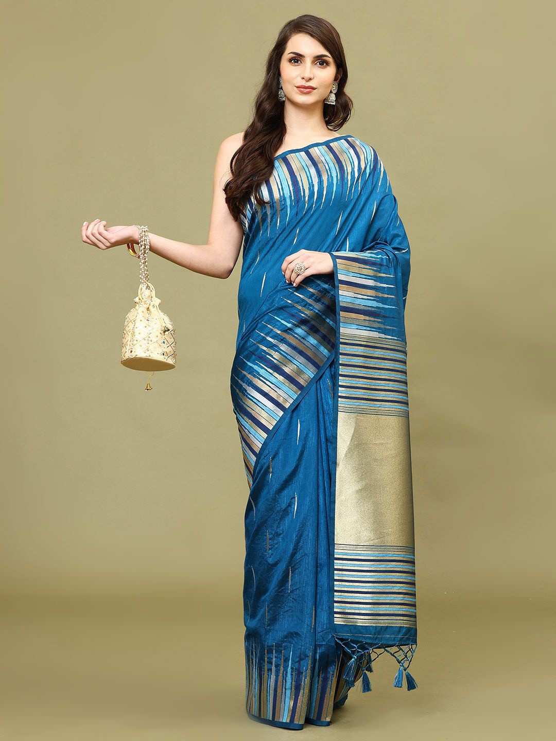 

Meena Bazaar Geometric Woven Art Silk Saree, Blue