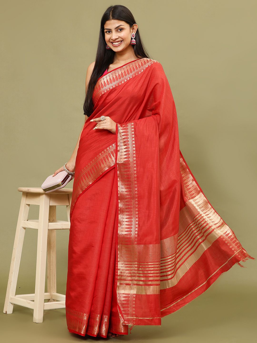 

Meena Bazaar Plain Woven Border Art Silk Saree, Red