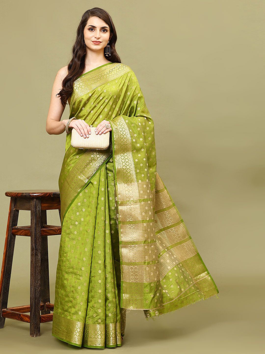 

Meena Bazaar Ethnic Motifs Woven Art Silk Saree, Olive