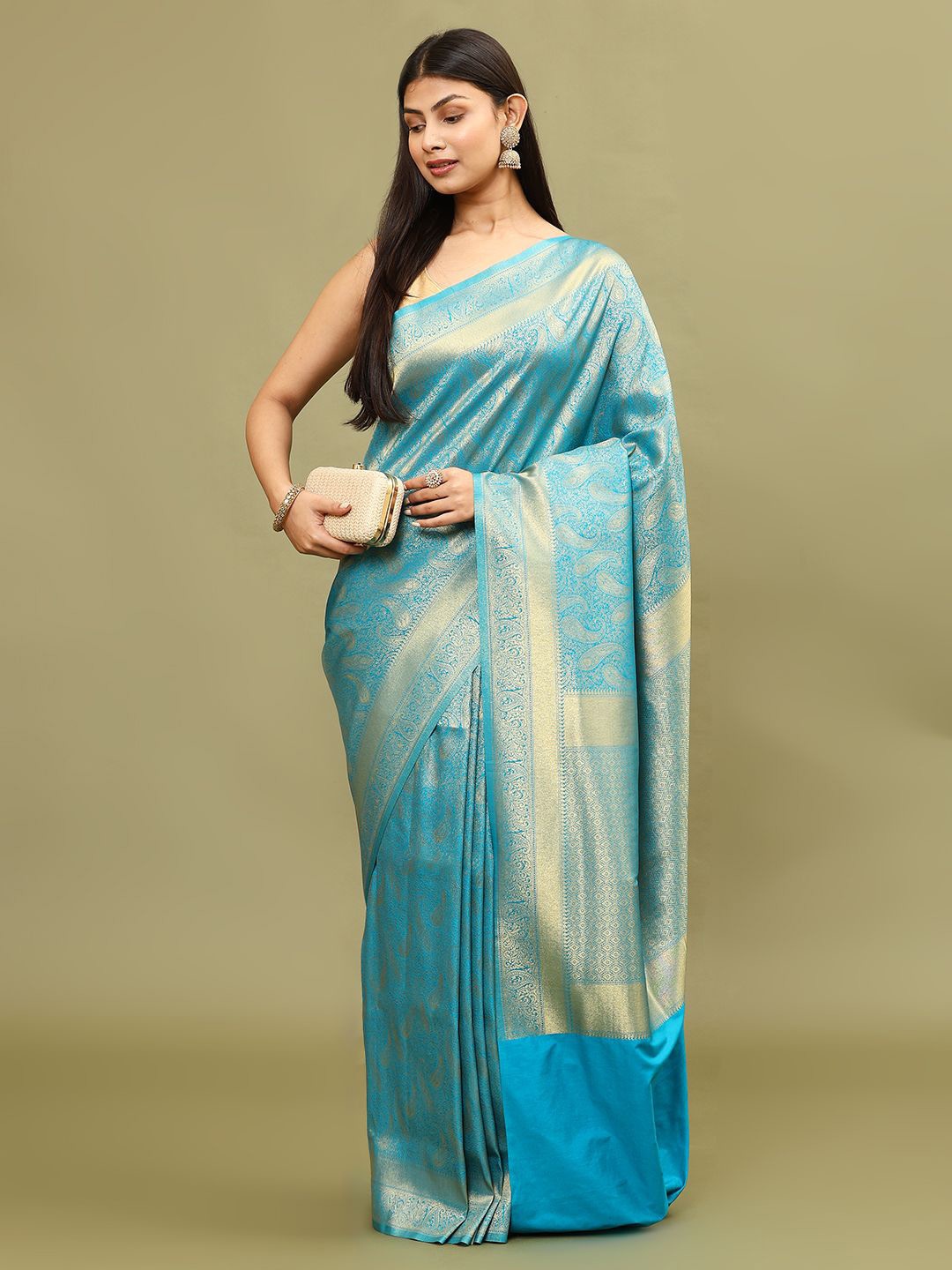 

Meena Bazaar Ethnic Motifs Woven Art Silk Saree, Blue