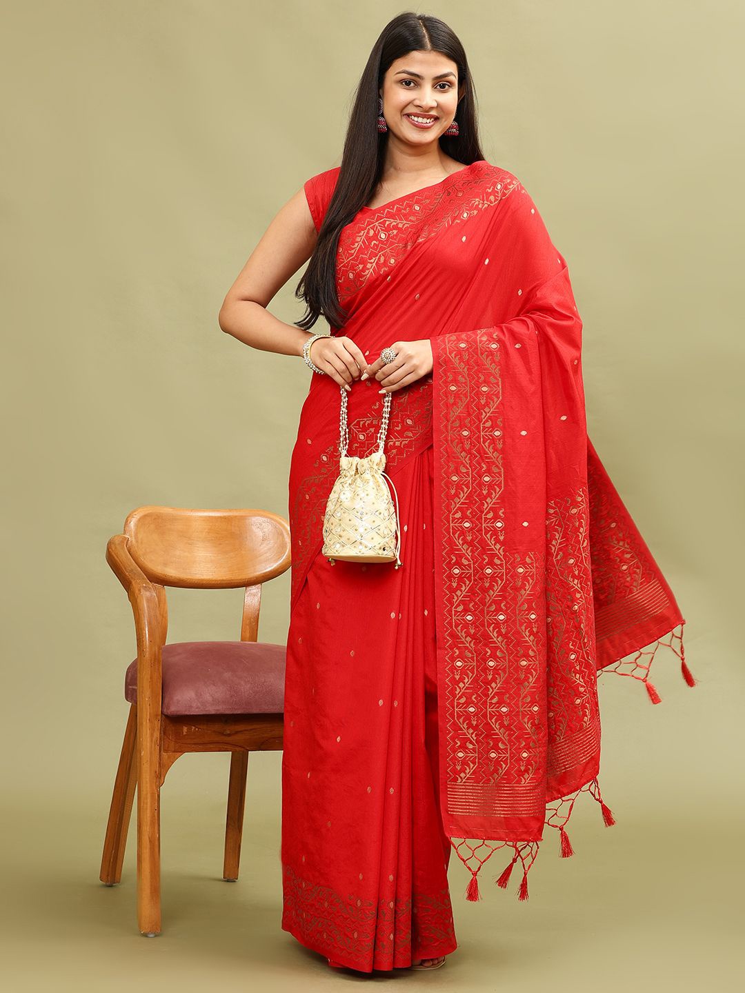 

Meena Bazaar Ethnic Motifs Woven Art Silk Saree, Red