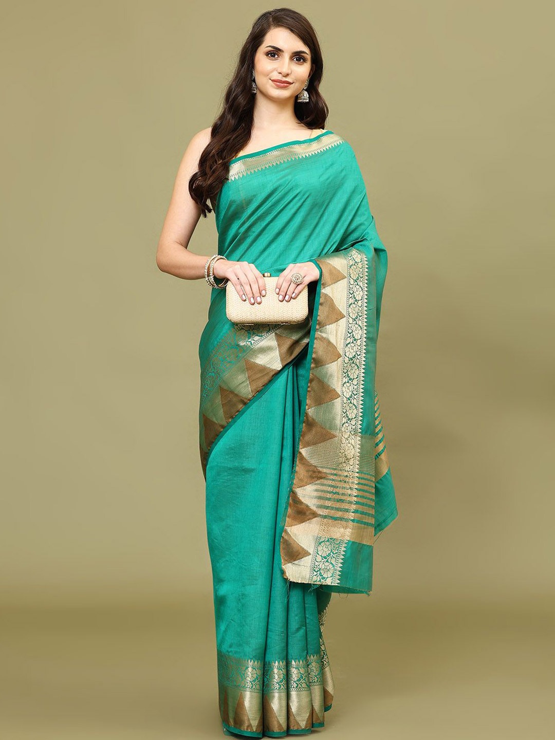 

Meena Bazaar Plain Woven Border Art Silk Saree, Green