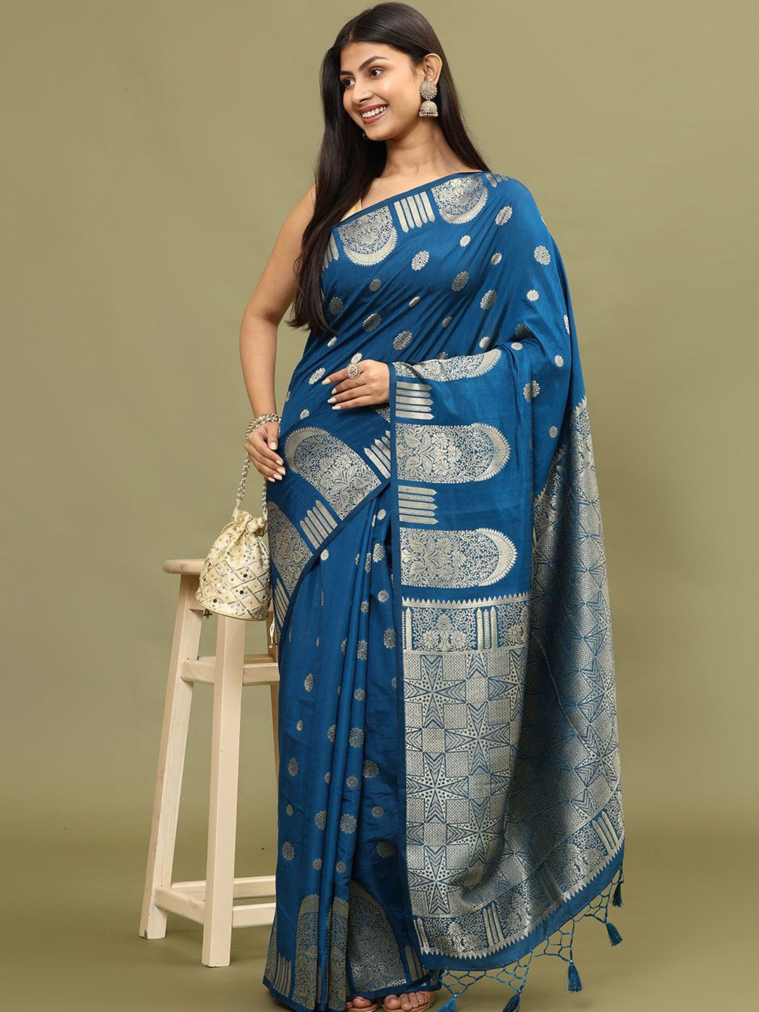 

Meena Bazaar Ethnic Motifs Zari Art Silk Saree, Blue
