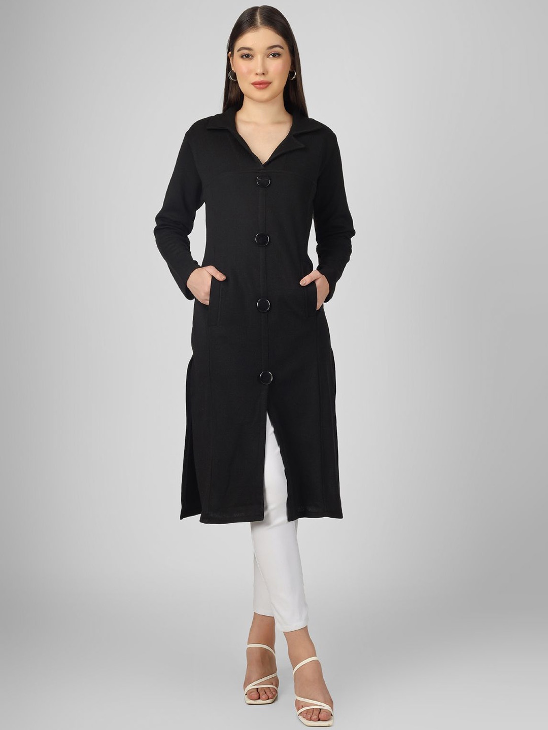 

BLUSHH COLLECTION Shirt Collar Woollen Straight Kurta, Black
