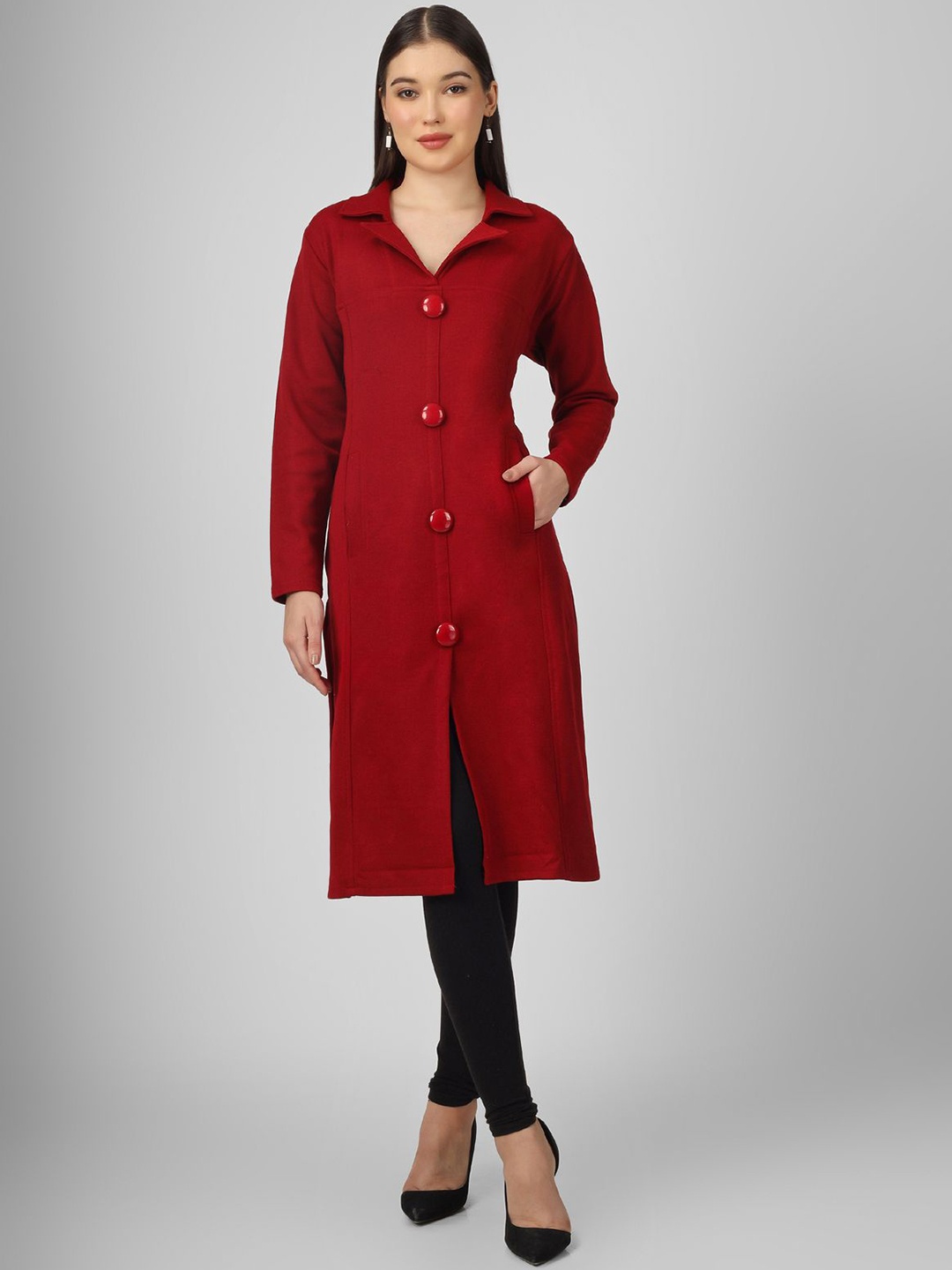 

BLUSHH COLLECTION Shirt Collar Woollen Straight Kurta, Maroon