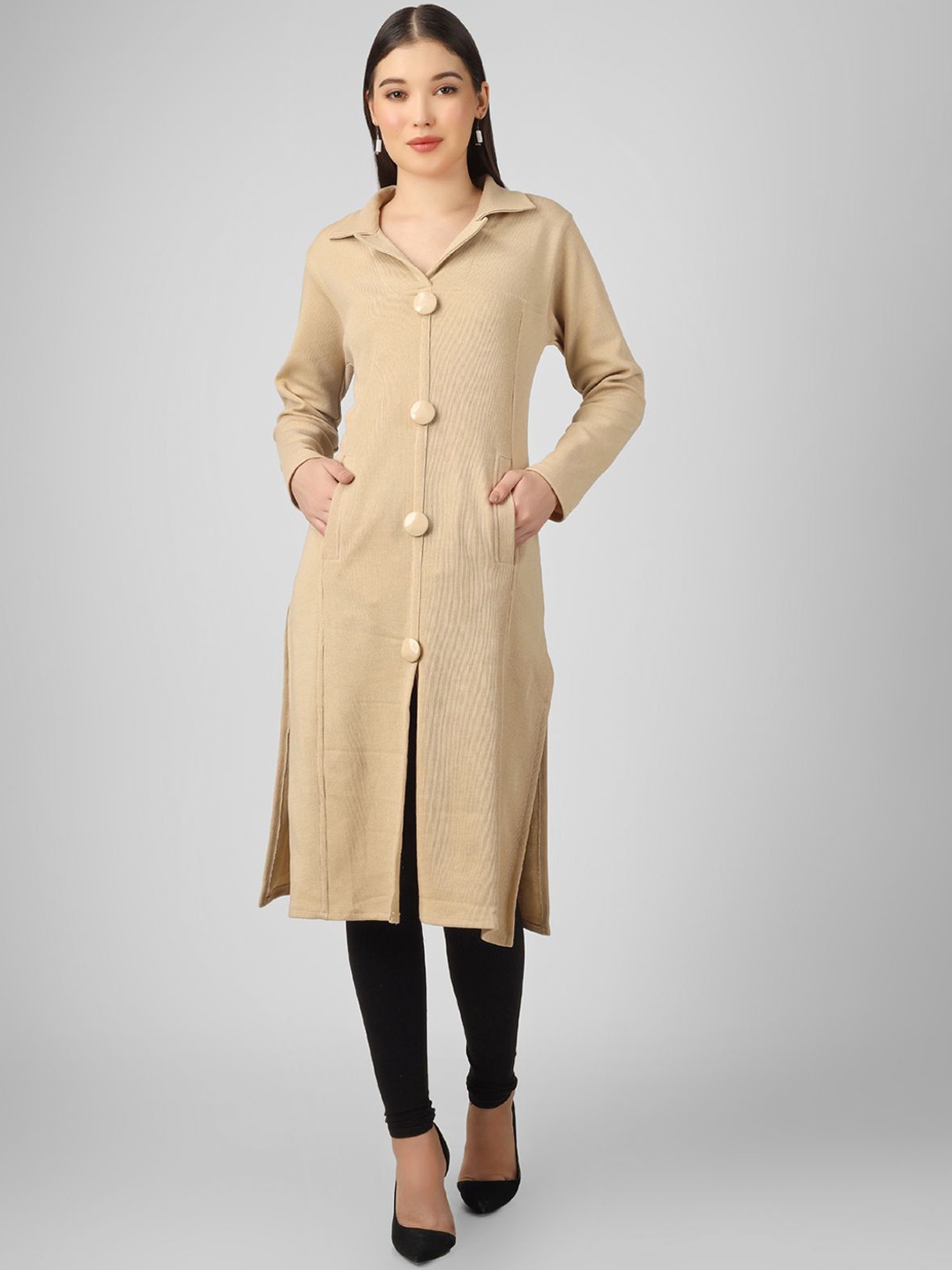 

BLUSHH COLLECTION Shirt Collar Woollen Straight Kurta, Cream