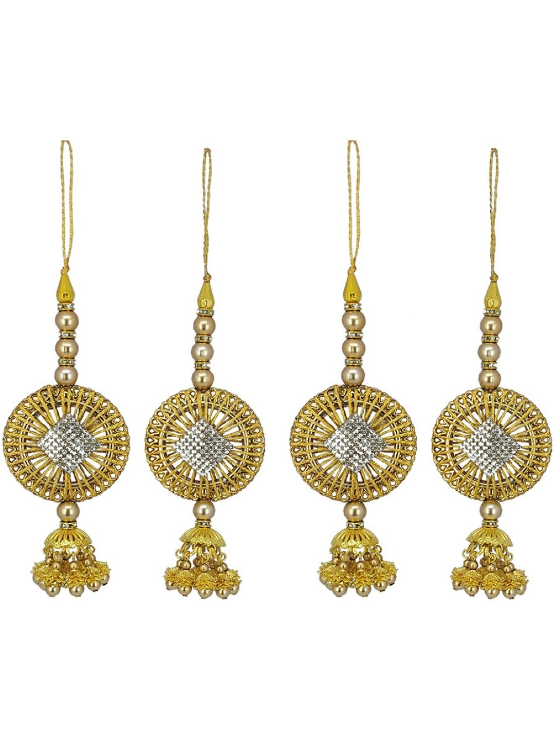 

Radhe Creation Set Of 4 Stone Studded & Beaded Ring latkan Brooch, Gold