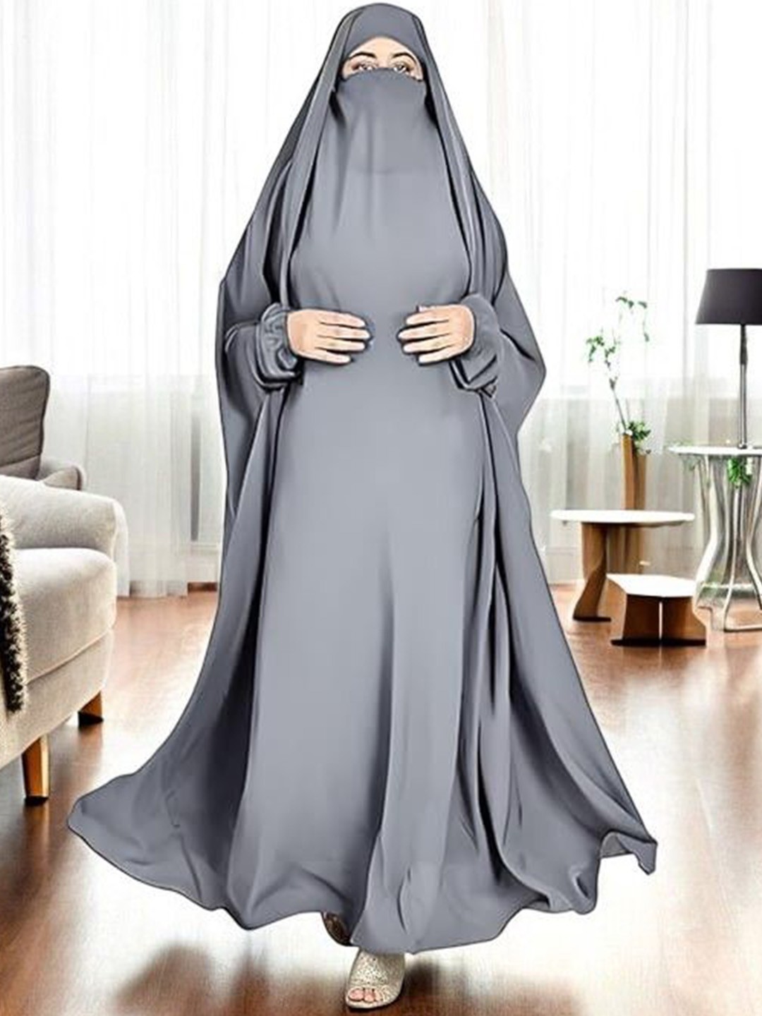 

MUSHKIYA Women Solid Abaya Burqa With Adjustable Nosepiece, Grey