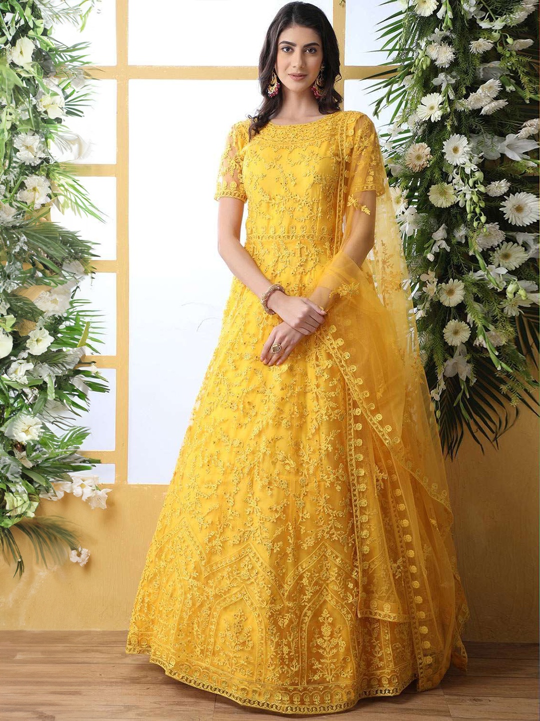

LADY SHOPI Floral Embroidered Net Fit & Flare Maxi Dress, Yellow