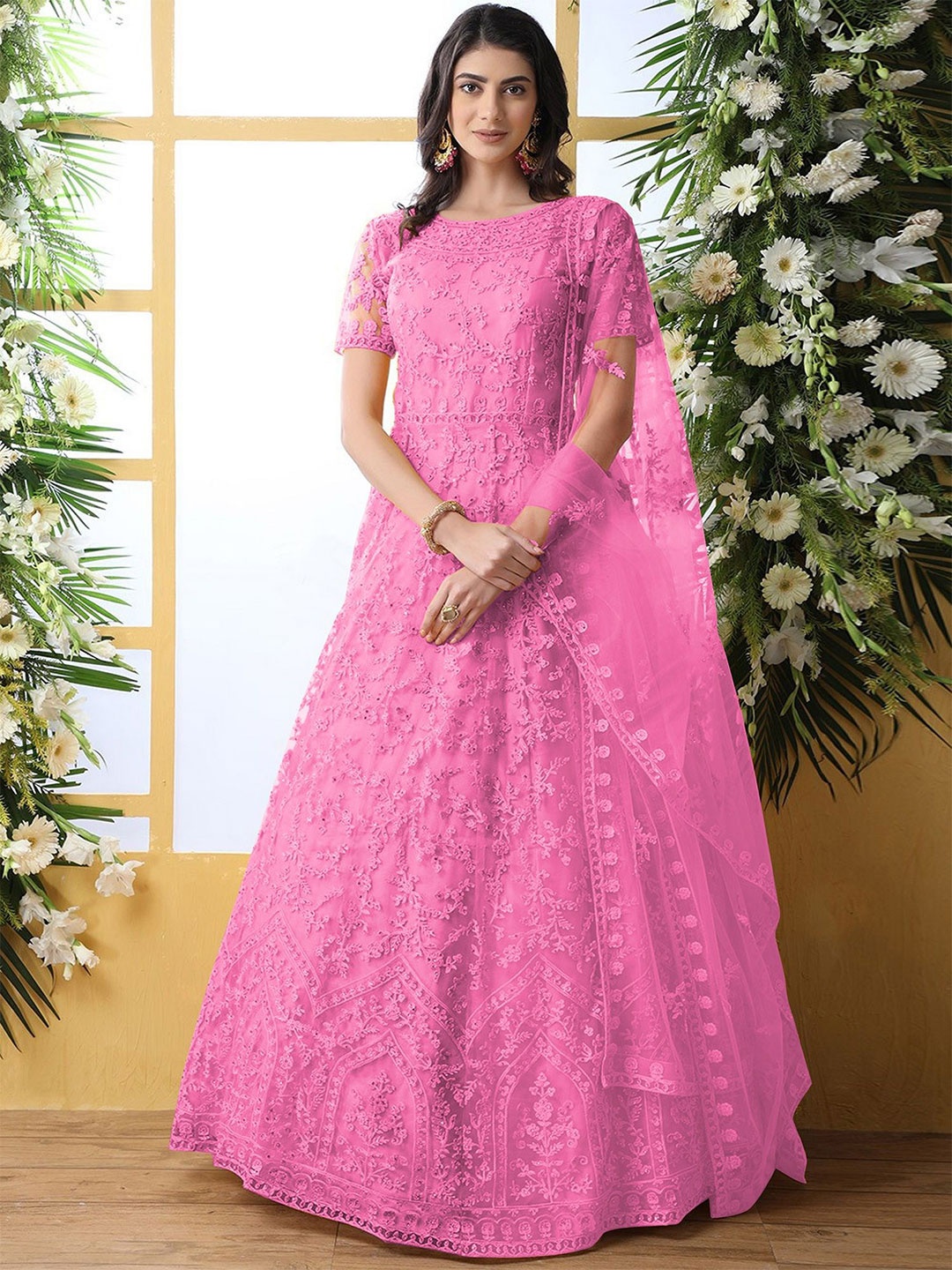 

LADY SHOPI Embroidered Net Fit & Flare Maxi Dress, Pink