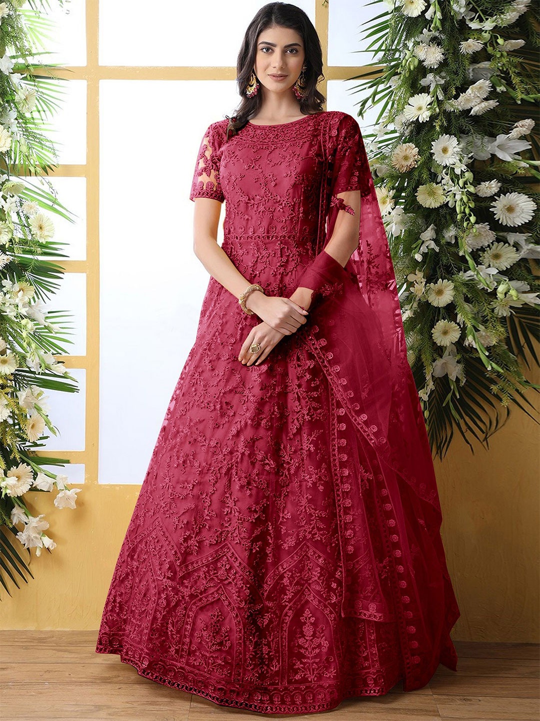 

LADY SHOPI Embroidered Net Fit & Flare Maxi Dress, Maroon