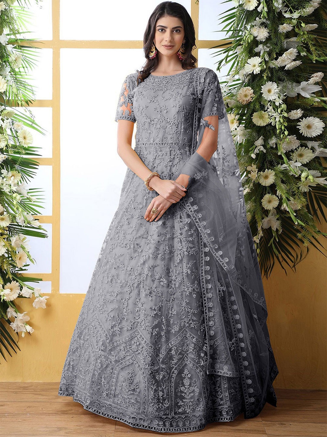 

LADY SHOPI Embroidered Net Fit & Flare Maxi Dress, Grey