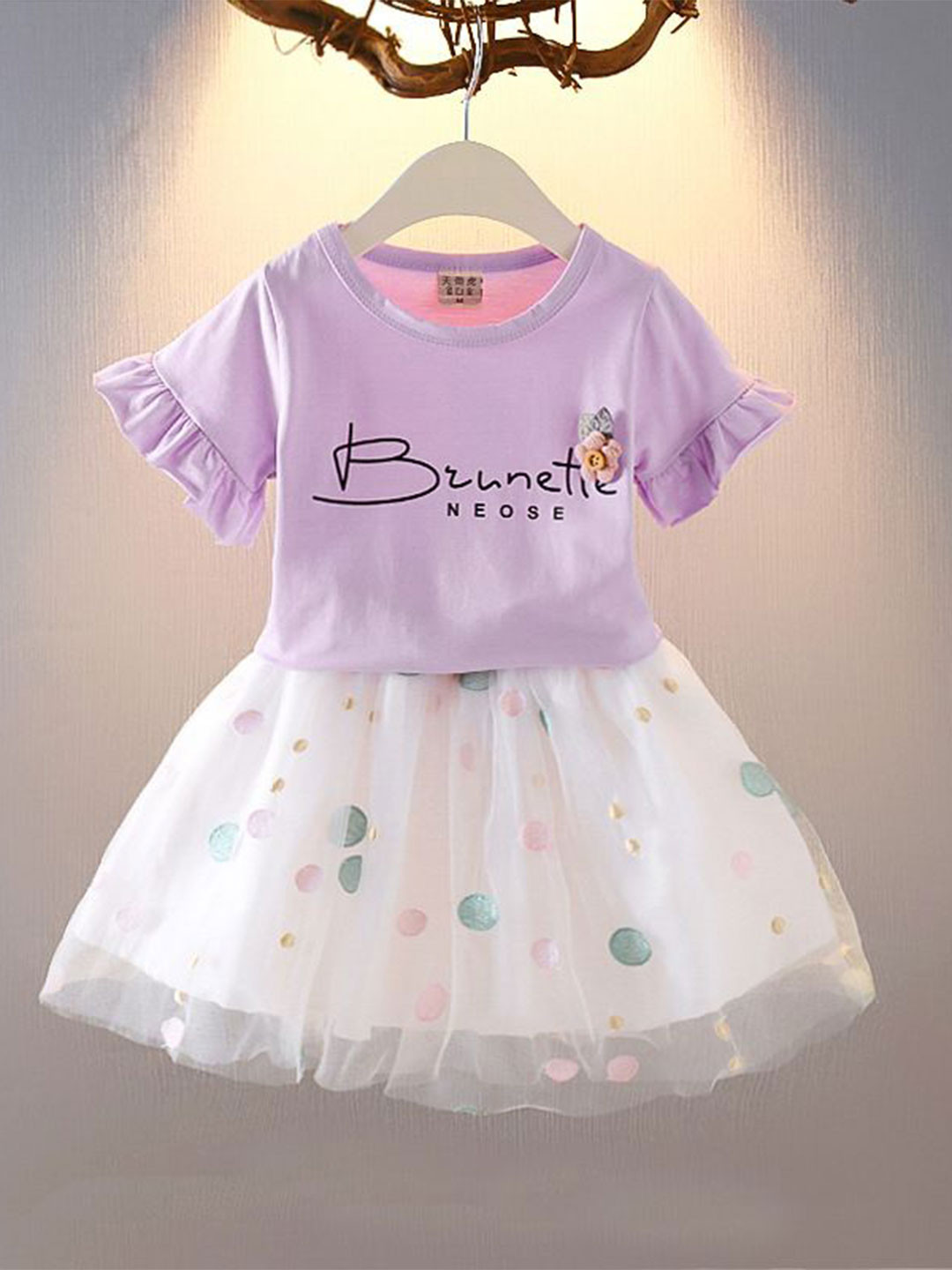 

YK Girls Printed Round Neck Short Sleeves Pure Cotton Top With Skirt, Purple