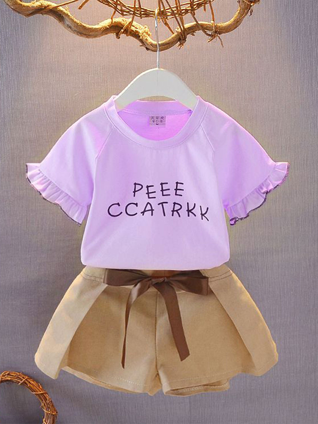 

YK Girls Printed Round Neck Short Sleeves Pure Cotton T-Shirt With Shorts, Purple