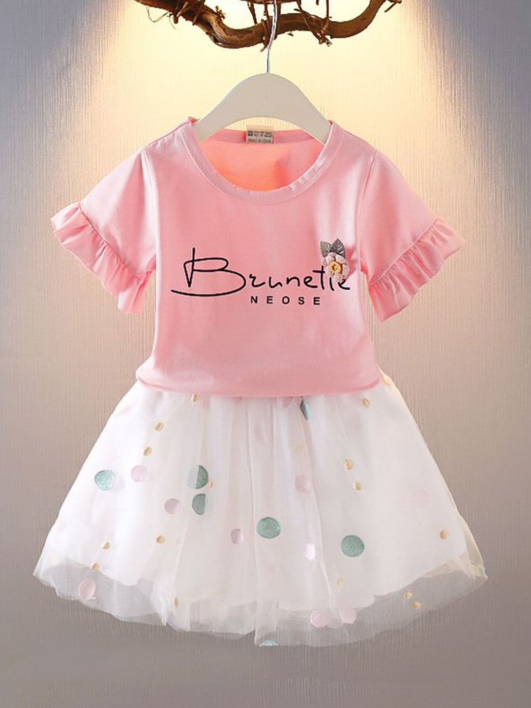 

YK Girls Printed Round Neck Short Sleeves Pure Cotton Top With Skirt, Pink