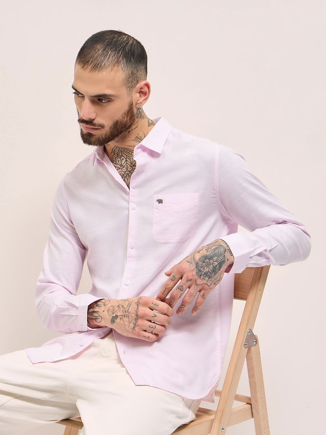 

THE BEAR HOUSE Men Spread Collar Solid Cotton Slim Fit Casual Shirt, Pink
