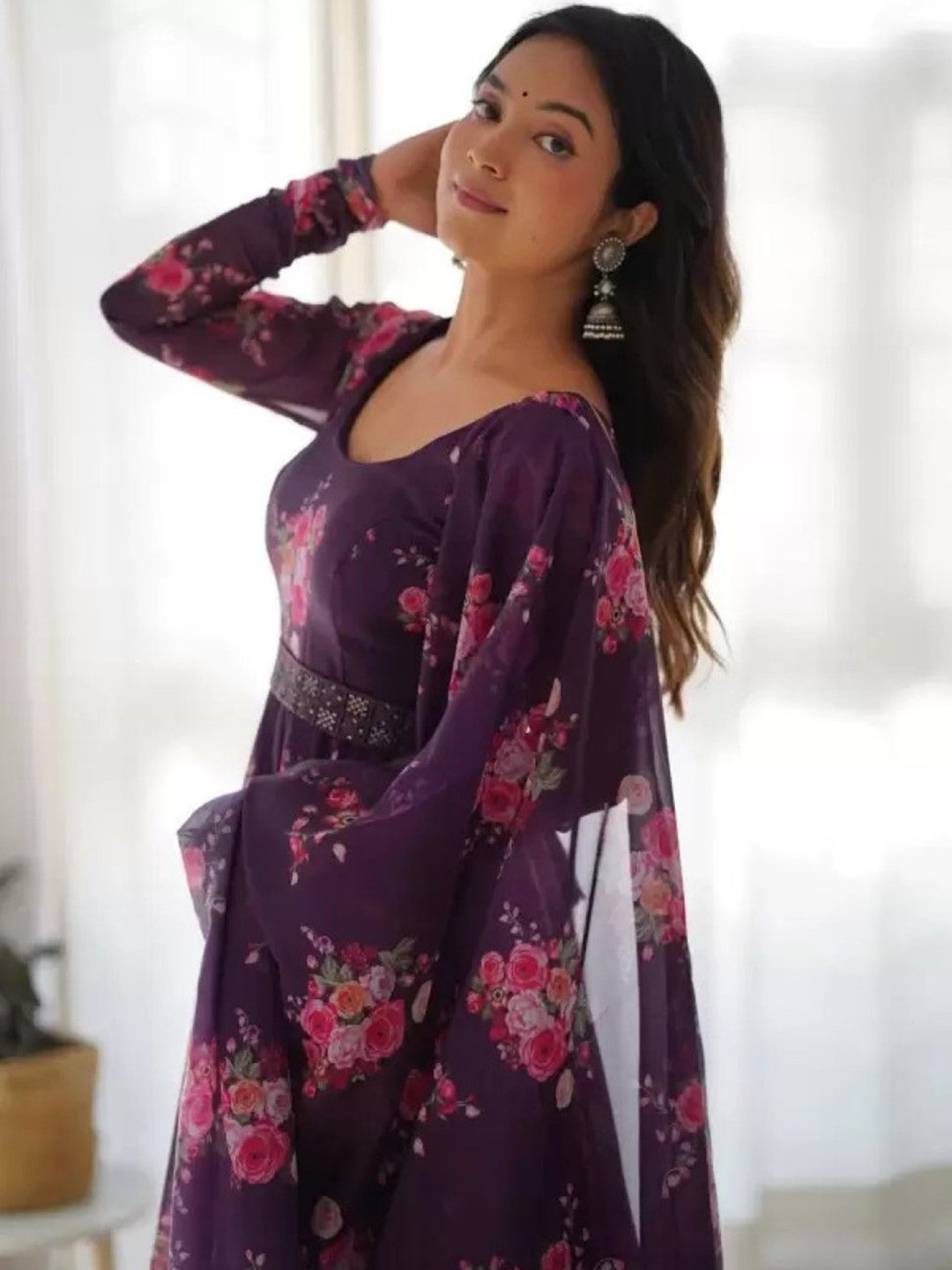 

Krunal Raiyani Round Neck Floral Printed Anarkali Cotton Kurta with Dupatta, Magenta