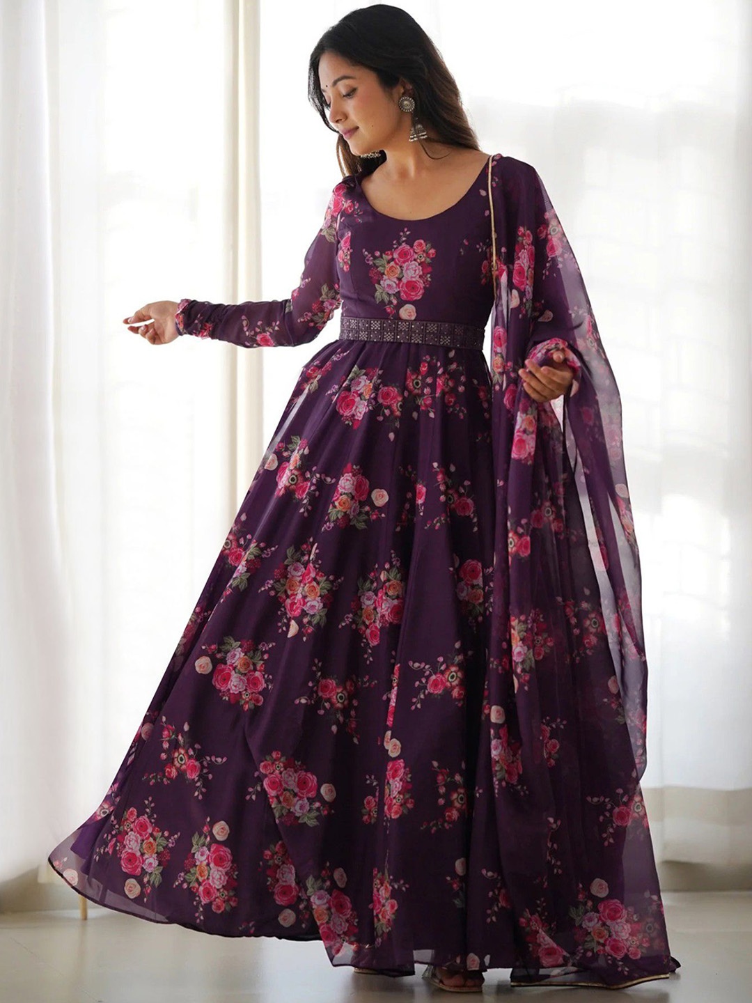 

Krunal Raiyani Round Neck Floral Printed Anarkali Cotton Kurta with Dupatta, Magenta