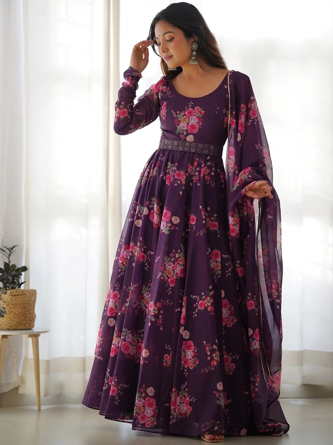 

Krunal Raiyani Round Neck Floral Printed Anarkali Cotton Kurta with Dupatta, Magenta
