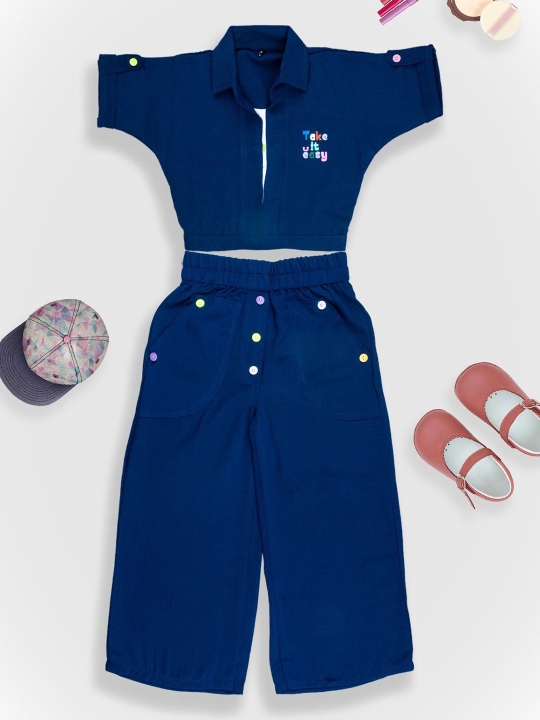 

we11 Girls Shirt Collar Short Sleeves Top With Trouser, Navy blue