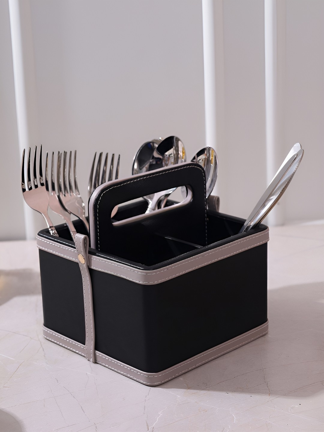 

HOME 360 Black 4 Divider Leather Cutlery Holder