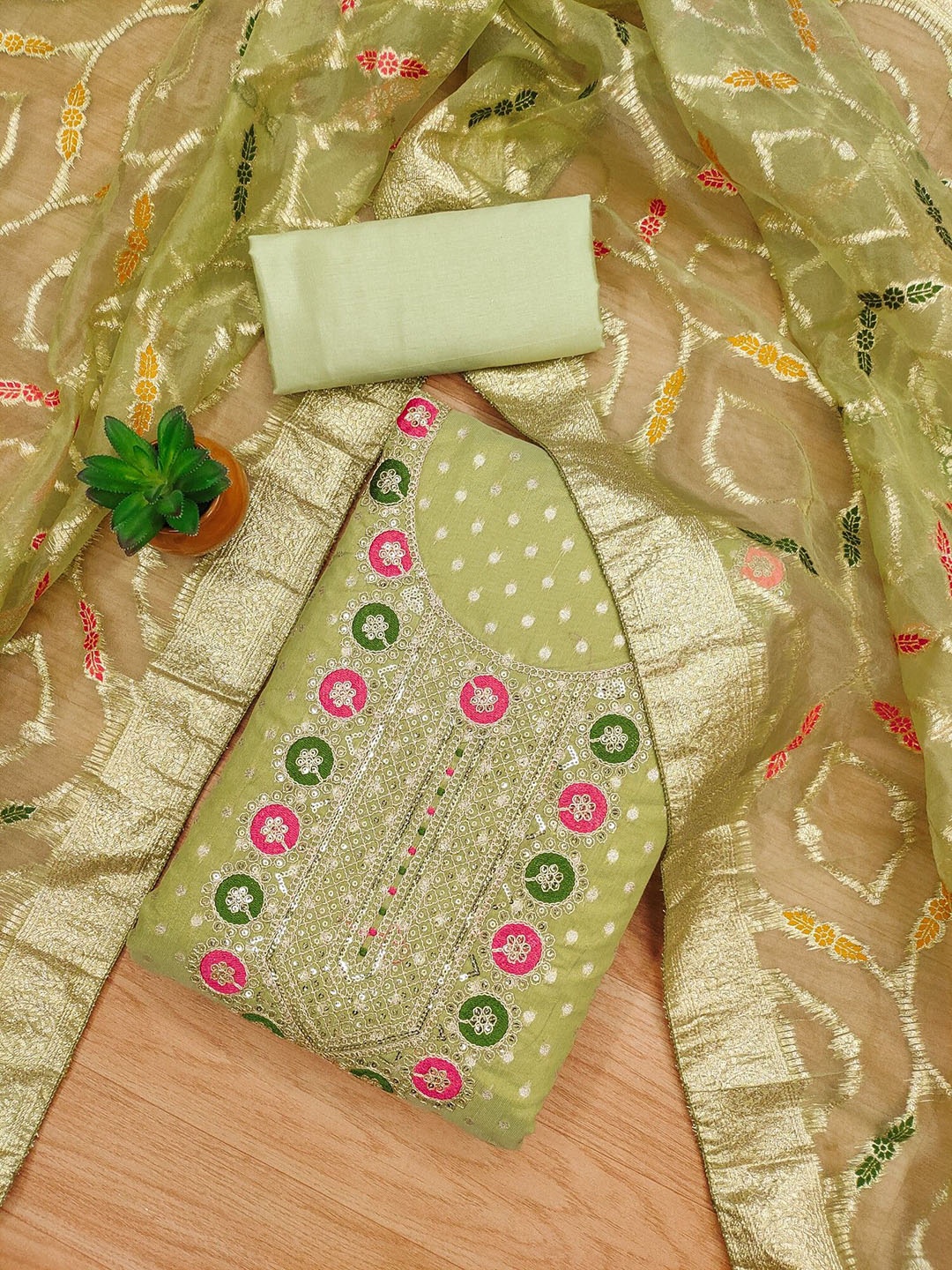 

KALINI Floral Embellished Unstitched Dress Material, Green
