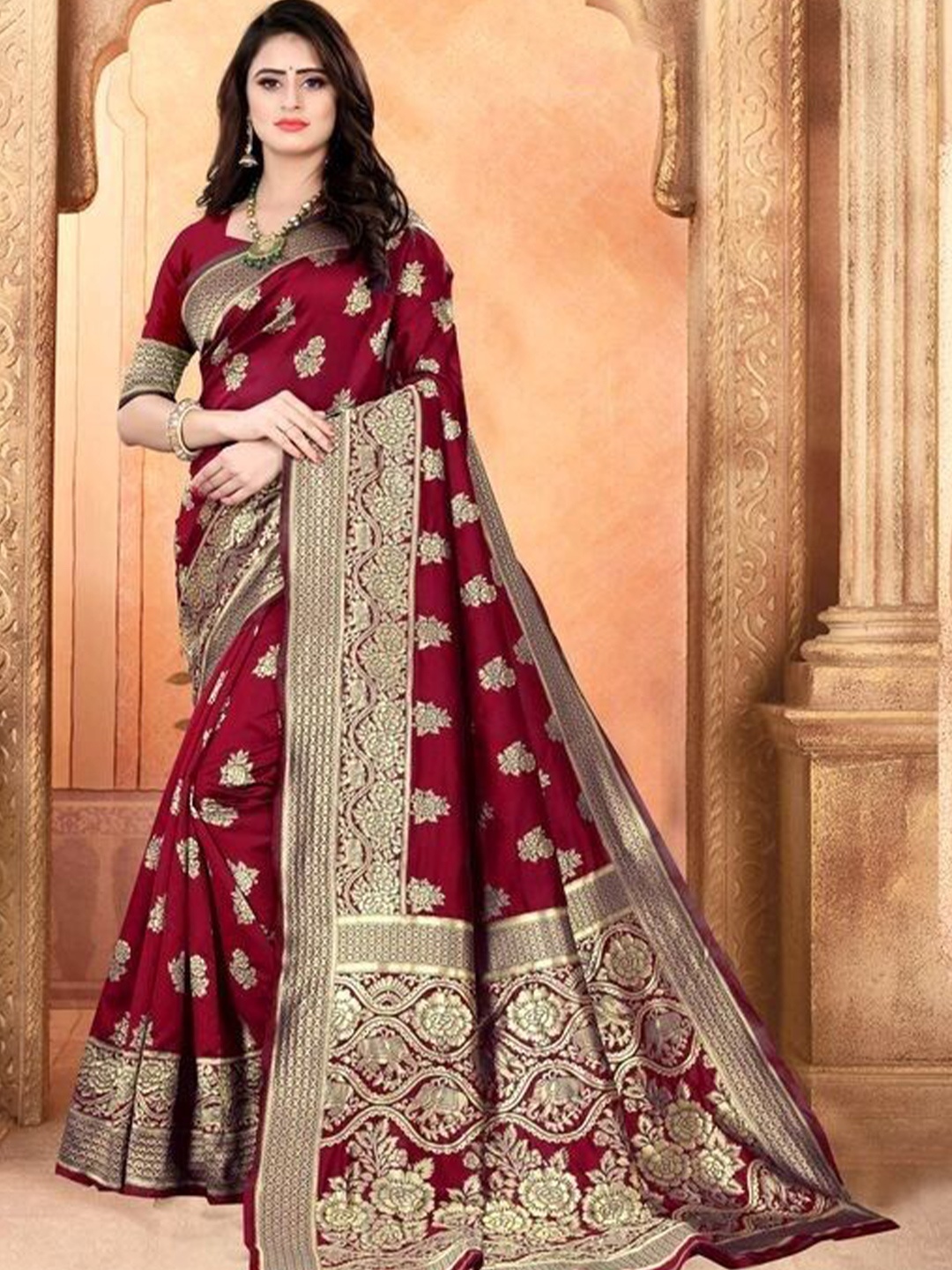 

Fabwomen Woven Design Zari Silk Blend Banarasi Saree, Maroon