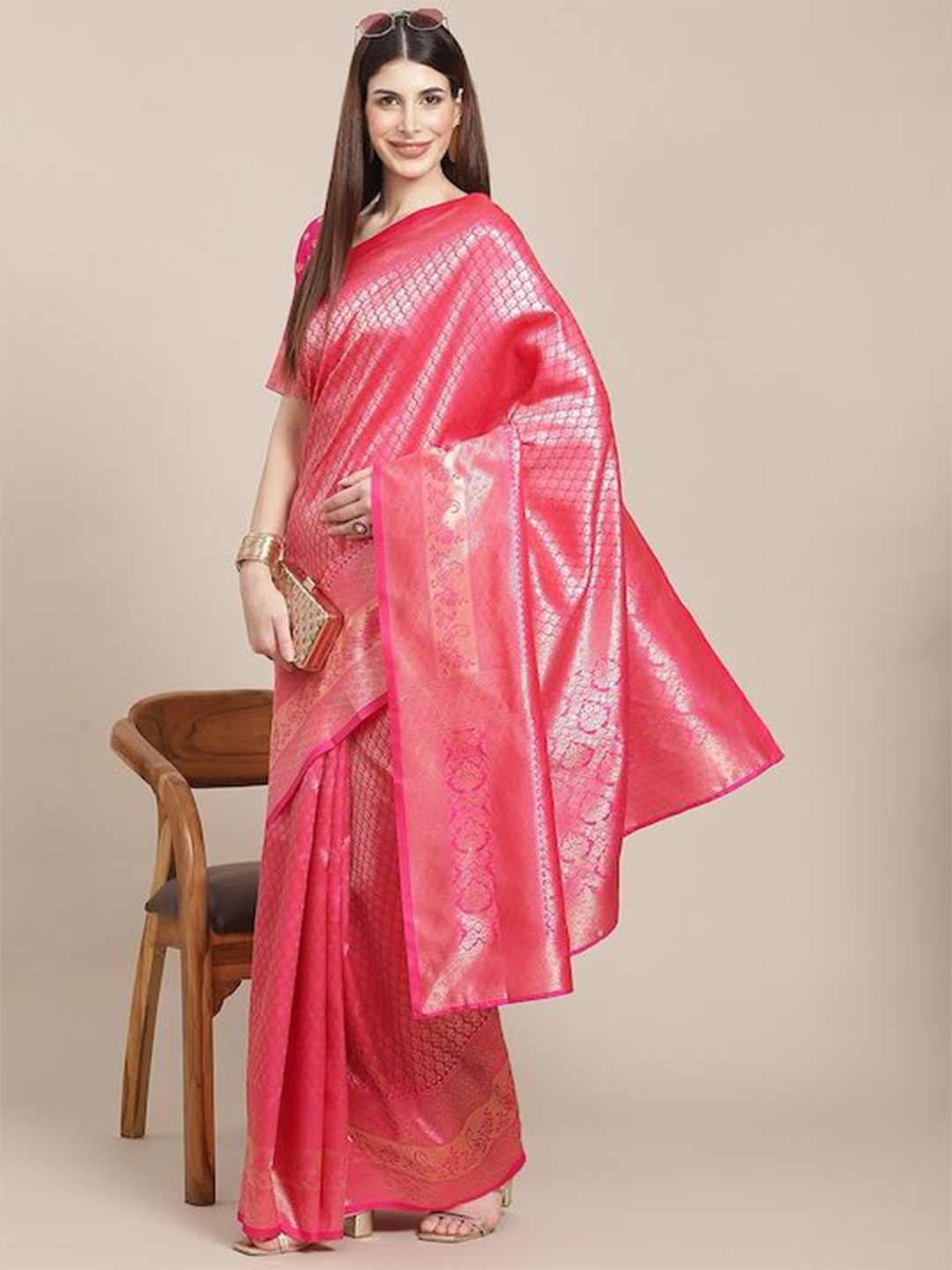 

Fabwomen Ethnic Motifs Zari Silk Blend Banarasi Saree, Pink