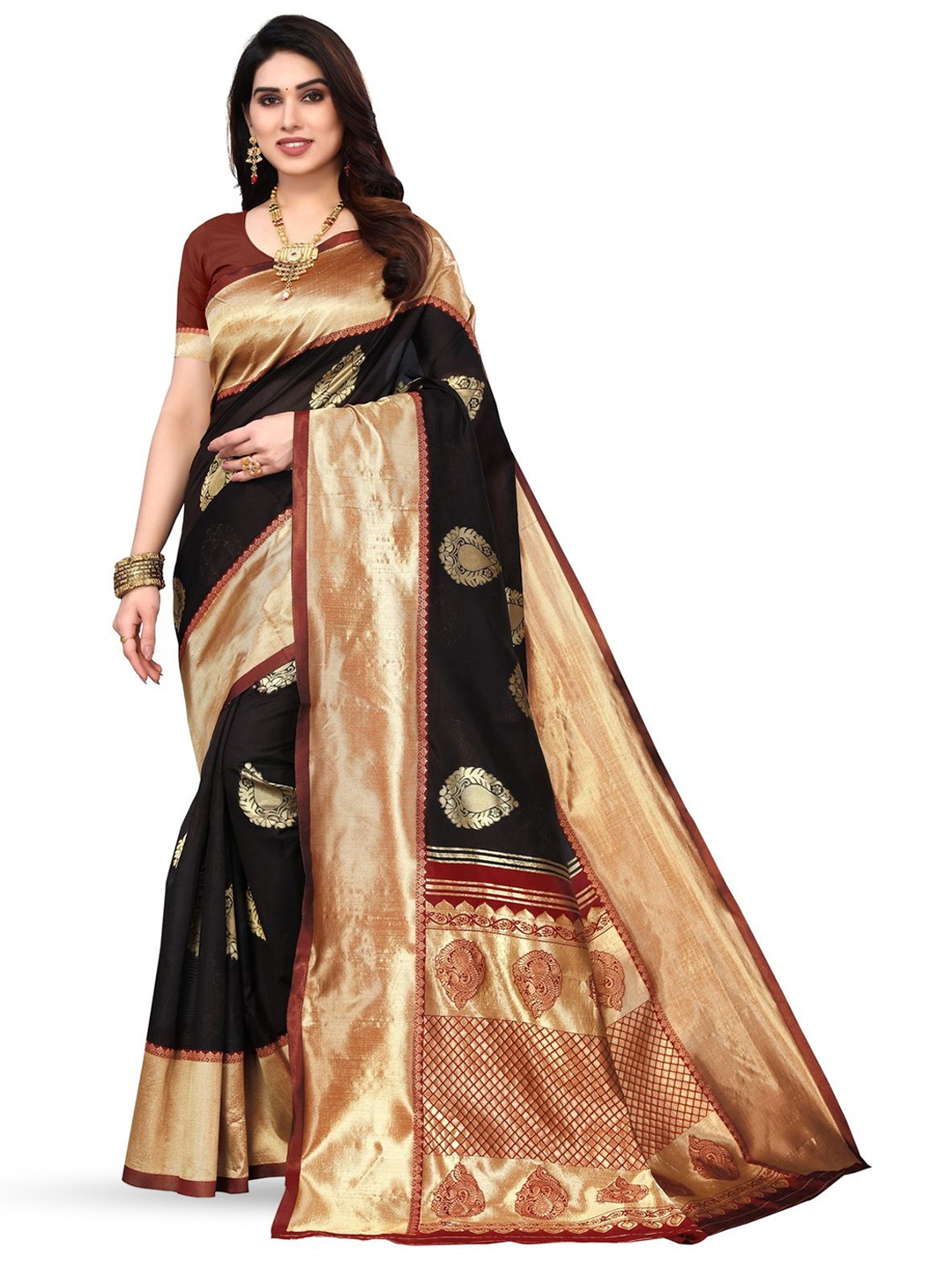 

Fabwomen Ethnic Motifs Zari Silk Blend Kanjeevaram Saree, Brown