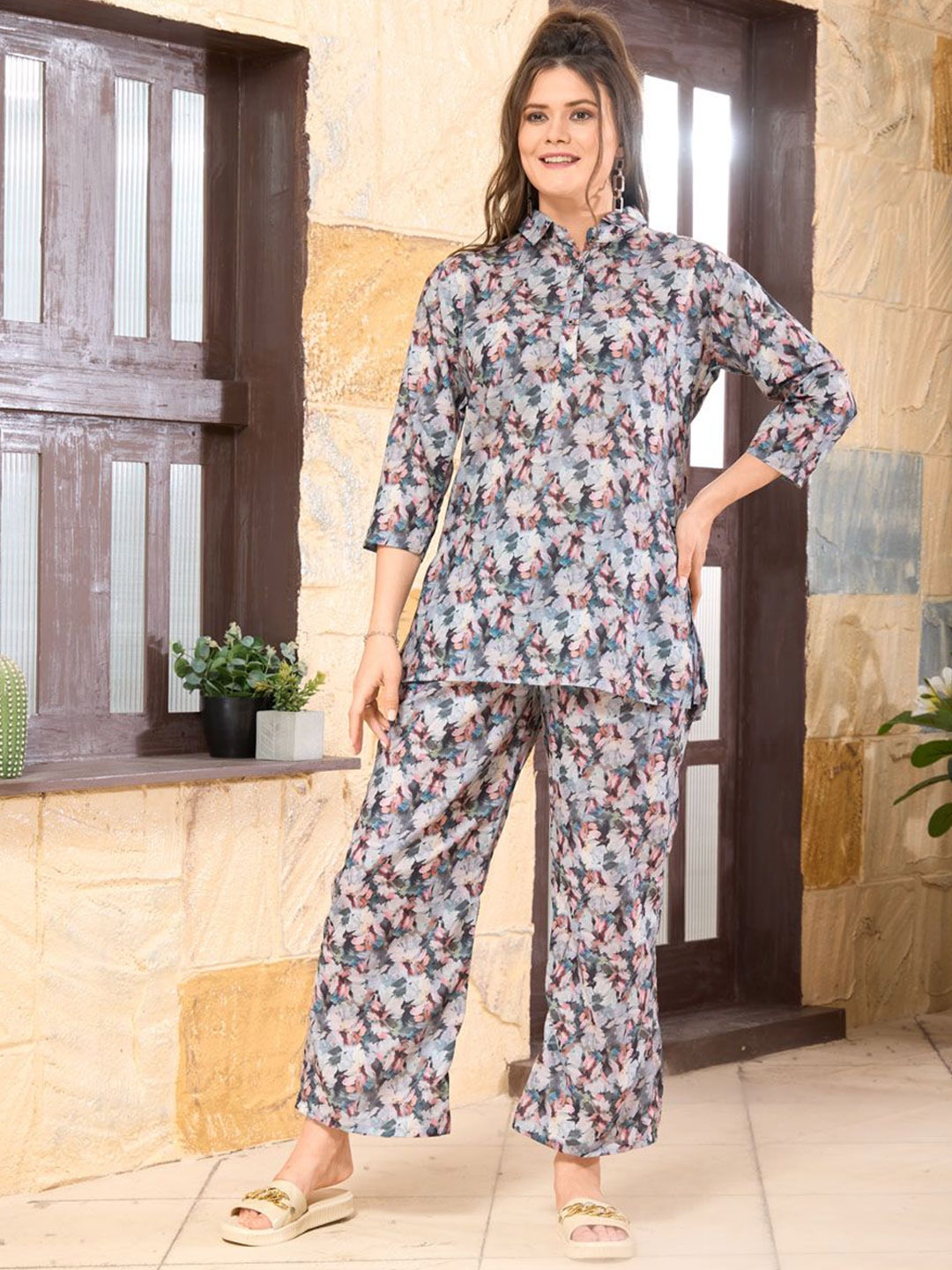 

NIGHT FLOSS Printed Shirt Collar Three-Quarter Sleeves Pure Cotton Top With Palazzo, Grey