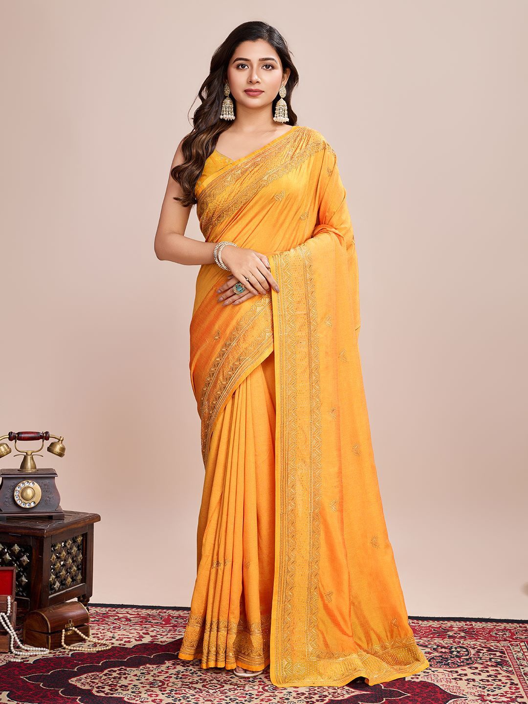 

HEER FASHION Embellished Embroidered Silk Blend Saree, Yellow